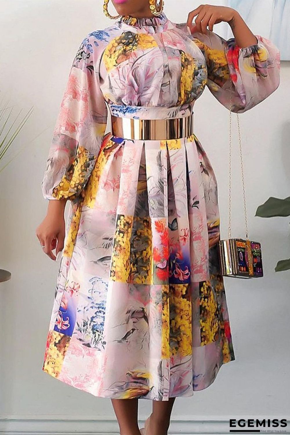 Apricot Fashion Casual Print With Belt Turtleneck Long Sleeve Dresses | EGEMISS