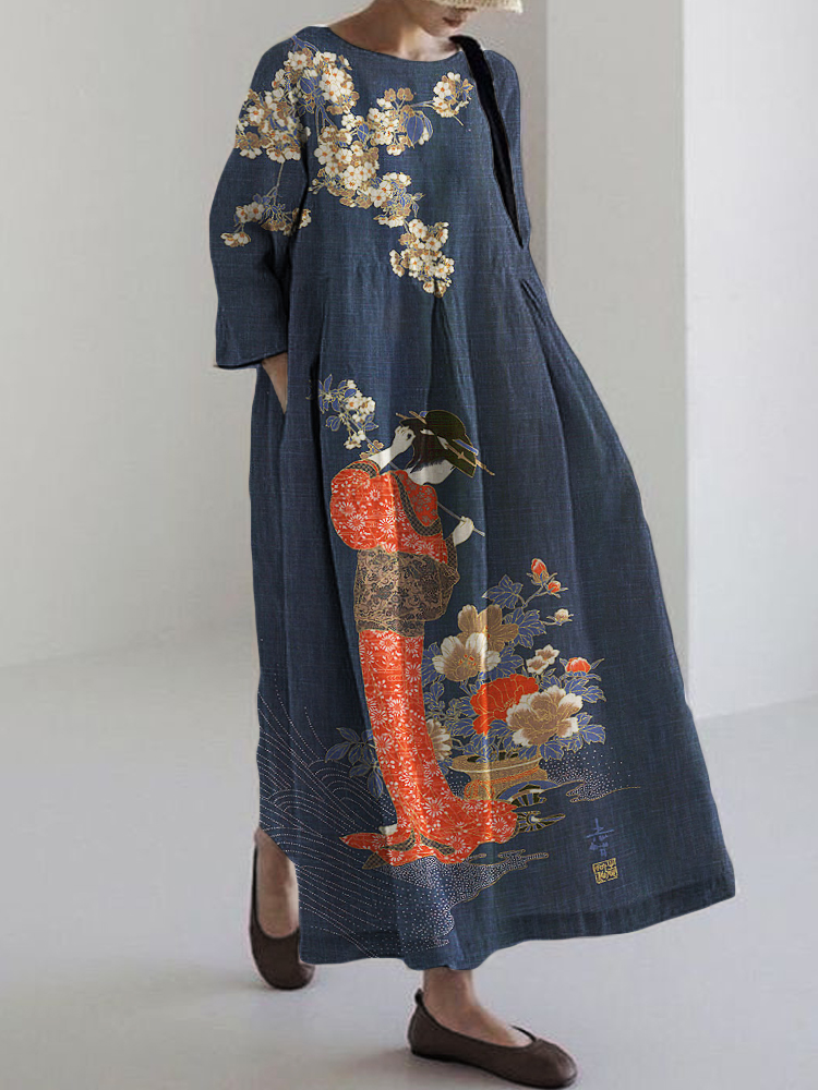 Elegant Japanese Geisha with Flowers Art Linen Blend Maxi Dress artswardrobe