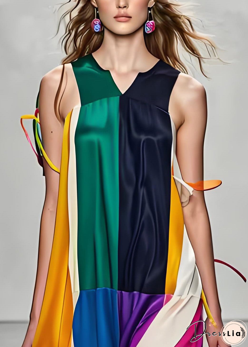 Stylish Colorblock V Neck Patchwork Silk Maxi Dress Sleeveless