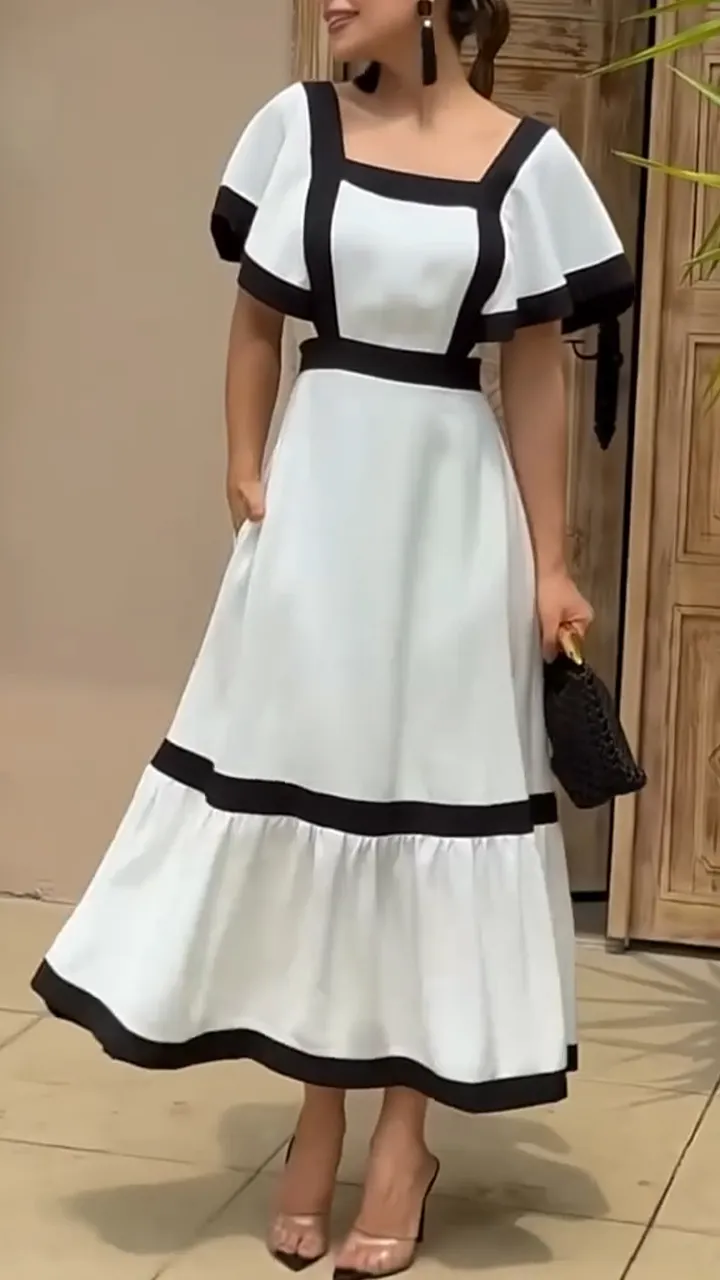 🌸Women's Square Neck Striped Patchwork Casual Dress💕