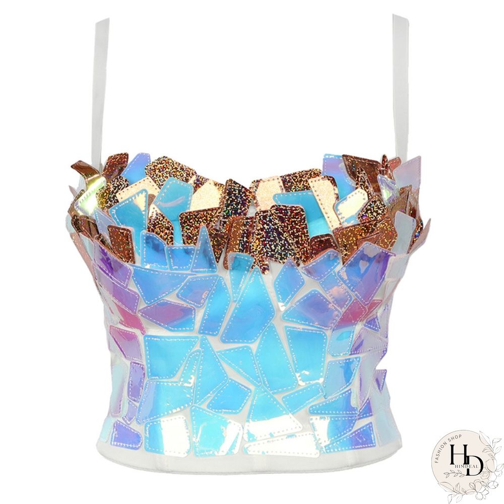 Women Holographic Rainbow Sequins Bustier Bra Spaghetti Strap Corset Camisole Reflective Bralette Crop Top Women Corset Clubwear