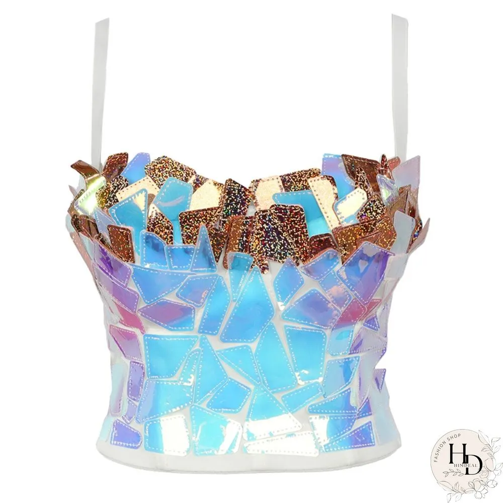 Women Holographic Rainbow Sequins Bustier Bra Spaghetti Strap Corset Camisole Reflective Bralette Crop Top Women Corset Clubwear