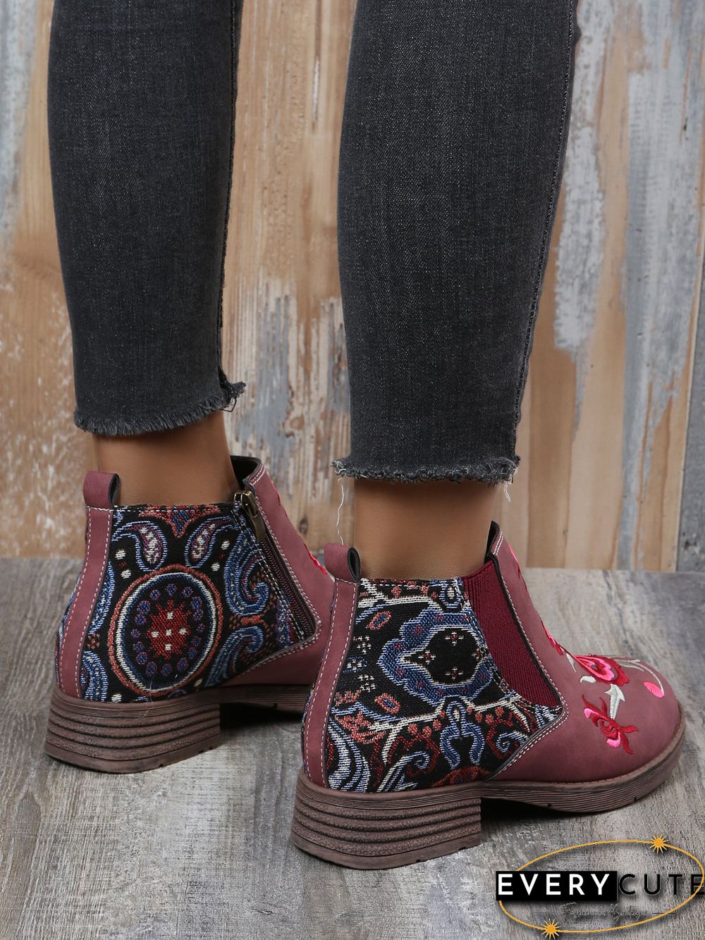 Retro Ethnic Stitching Flower Embroidery Zipper Ankle Boots