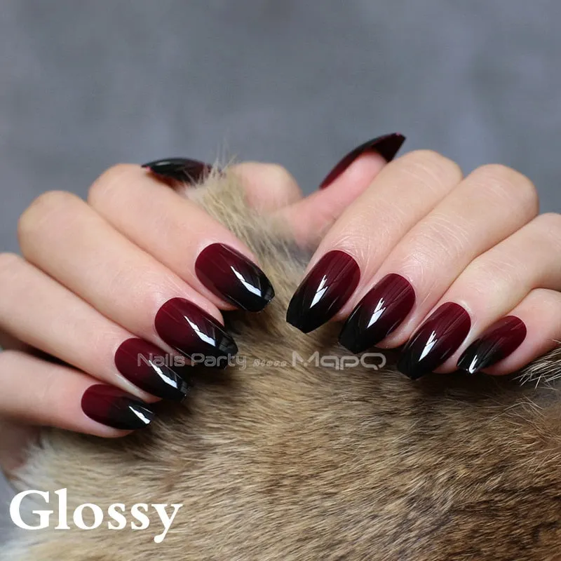 Coffin matte red black gradient fake nail Glossy nails black red medium False nails point Tip 24pcs-Nail Inspo