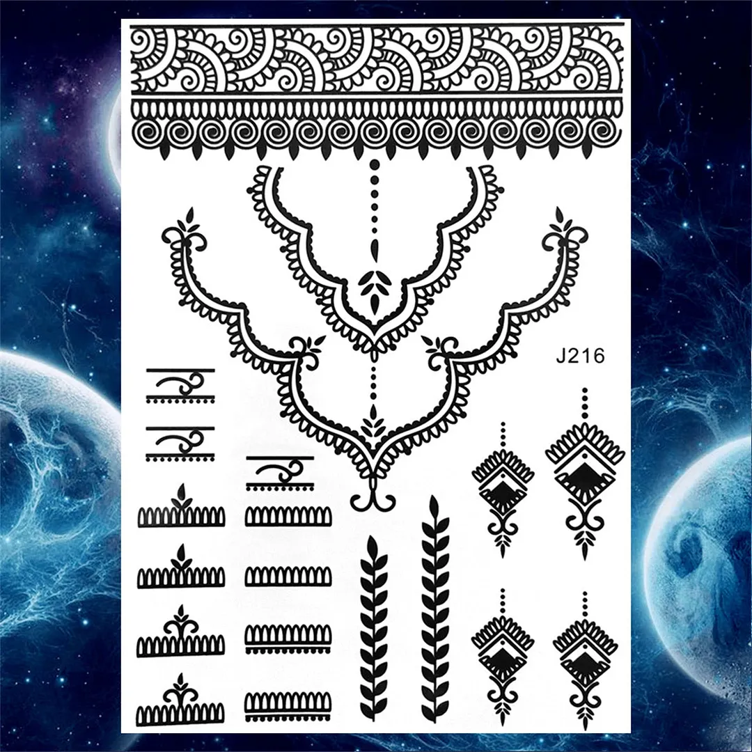 Sexy Black Henna Temporary Tattoos For Women Girls Lotus Flower Lace Tattoo Sticker Fake Jewelry Mandala Body Chest Tatoos Paper