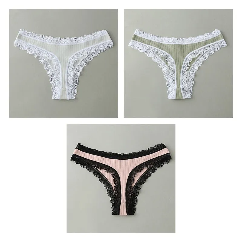 3PCS/Set G-string Panties Cotton Women's Underwear Sexy Panties Female Underpants Thongs Solid Color Sexy Lace Lingerie BANNIROU