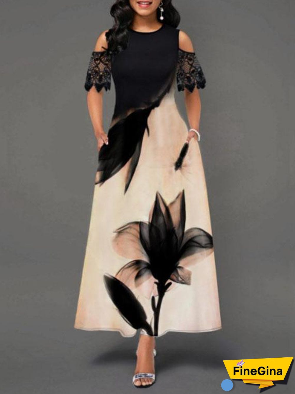 Lace Round Neck Printed Dress
