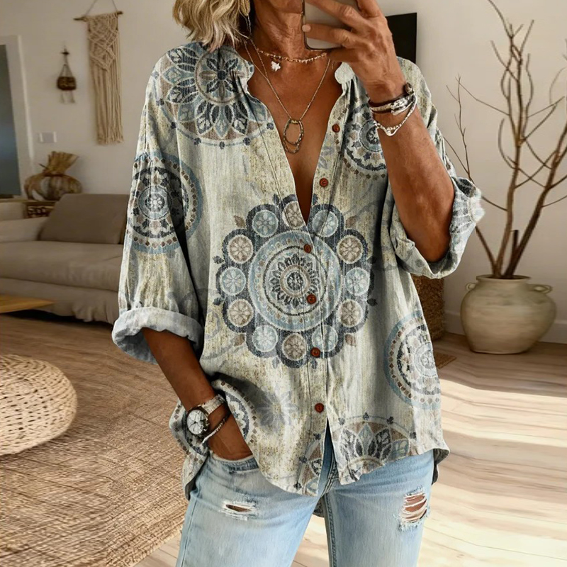 Women's Bohemian Floral Art Print Casual Cotton Linen Shirt elevenforest