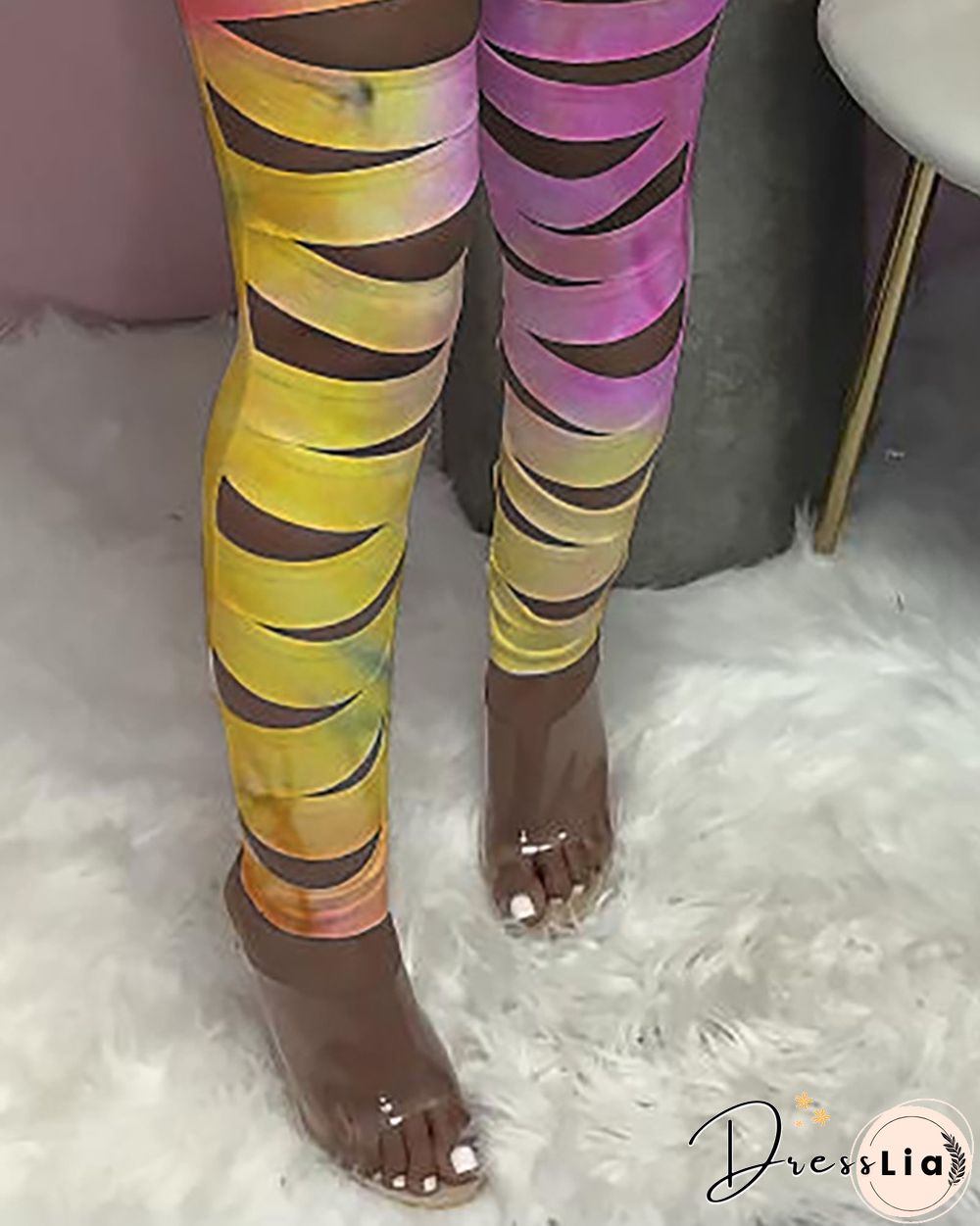 Tie Dye Print Cutout High Waisted Skinny Pants