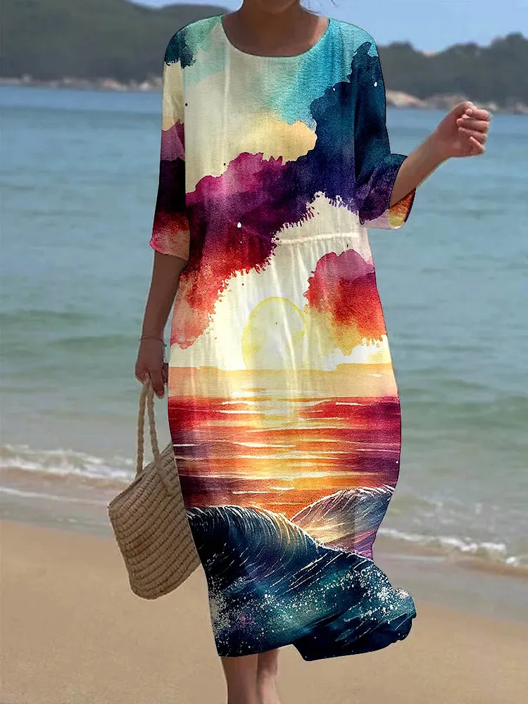 Women's Sunset At Sea Watercolor Art Print Pocket Dress