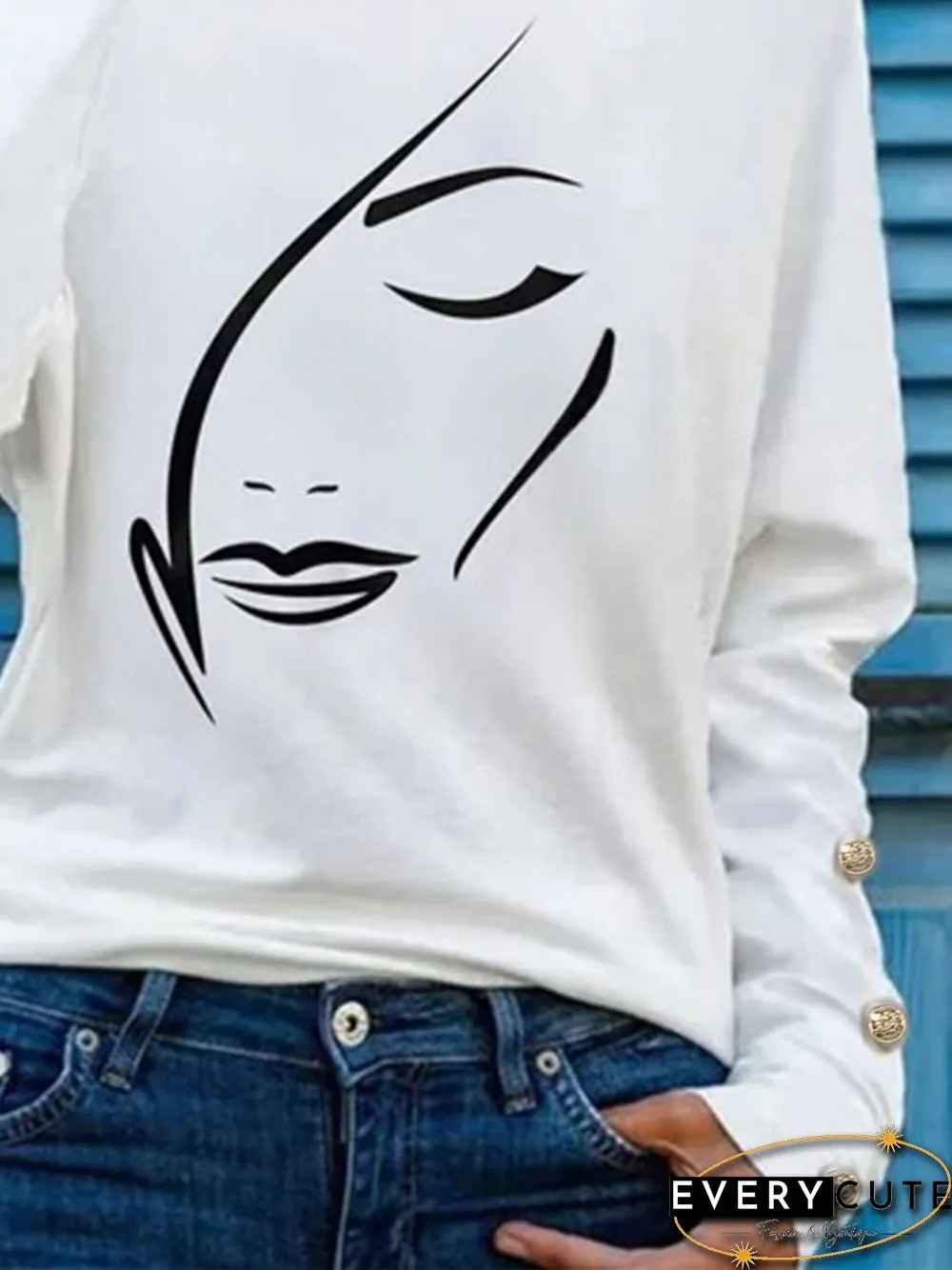 Abstract Face Printed Long Sleeves Crew Neck Plus Size Casual Tops