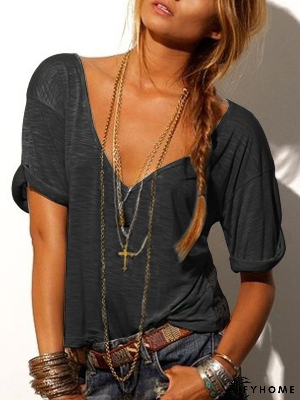 Casual Solid V Neck Top | IFYHOME