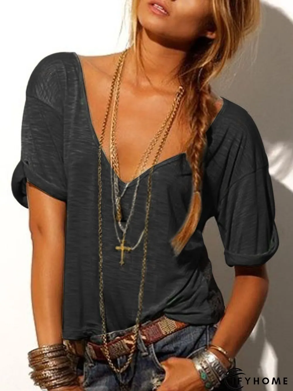 Casual Solid V Neck Top | IFYHOME