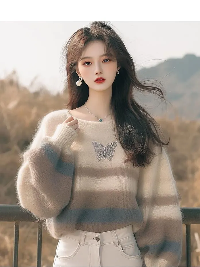 Athvotar Athvotar Fashion Style Sweater Korean Soft-Creative Languid Lazy Super-Good-Looking White Striped Print Sweater