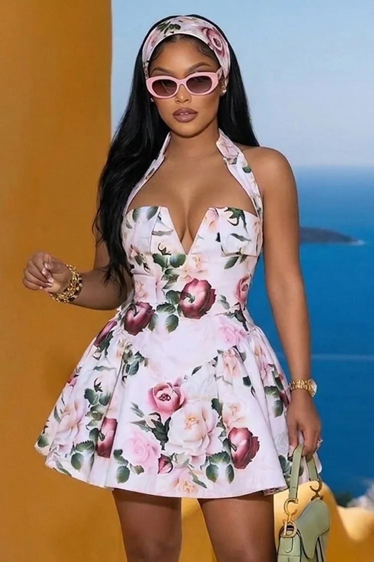 Halter Backless V Cut Floral Print A-Line Mini Dresses-Multicolor [Pre  Order]