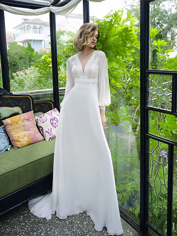 Bohemian Chiffon Bride Dress Long Sleeve V Neck Women's Wedding Dresses