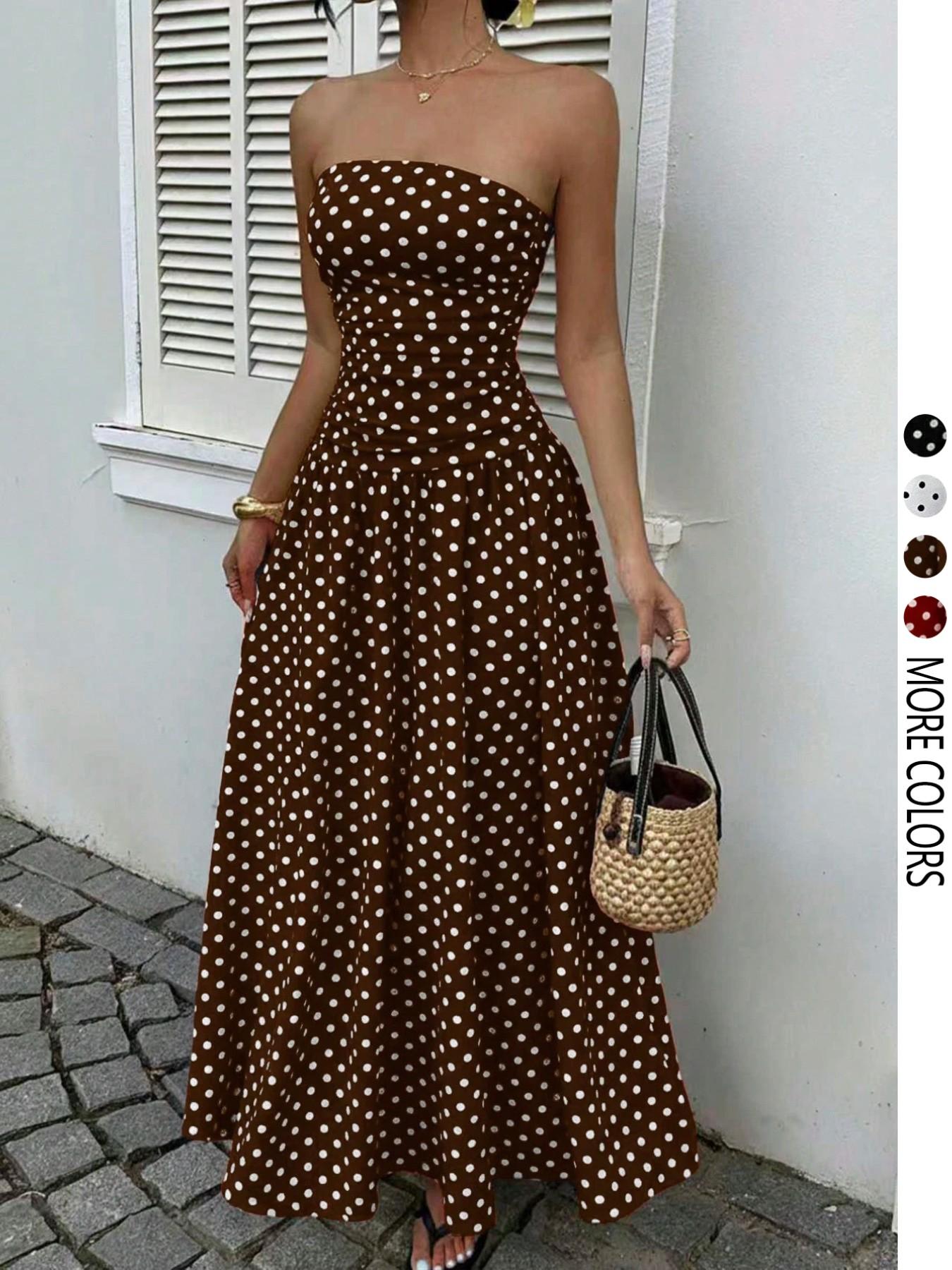 Women's Elegant Chic Fashion Polka Dot Strapless Dress, Stylish Sleeveless Maxi Dress for Parties and Casual Wear