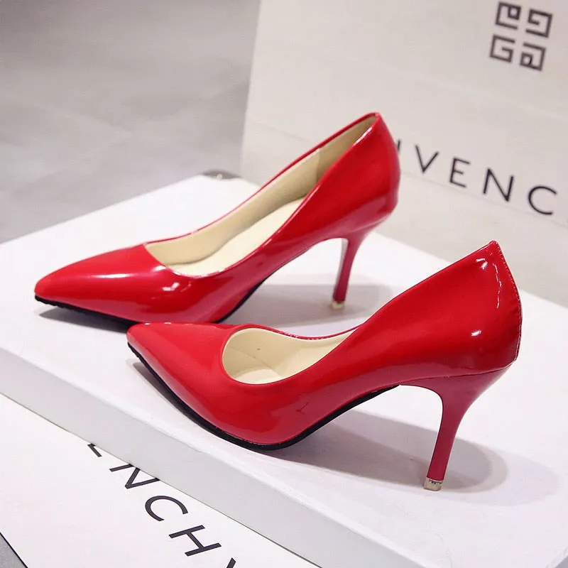 Women Shoes Pointed Toe Pumps Patent Leather Dress High Heels Boat Shoes Wedding Shoes Zapatos Mujer White Blue Red