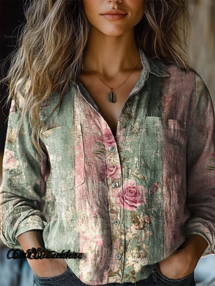 Women&rsquo;s Vintage Flower Print Casual Long Sleeve Comfortable Cotton Shirt Shirt-2 / S