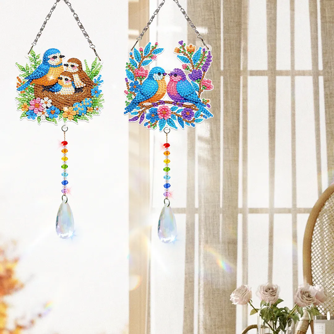 2Pcs Birds Family DIY Acrylic Diamond Painting Art Wind Chimes with Crystal Pendant Diamond Art Hanging Pendant Double-Sided for Adults Beginners Gift Home Garden Decor
