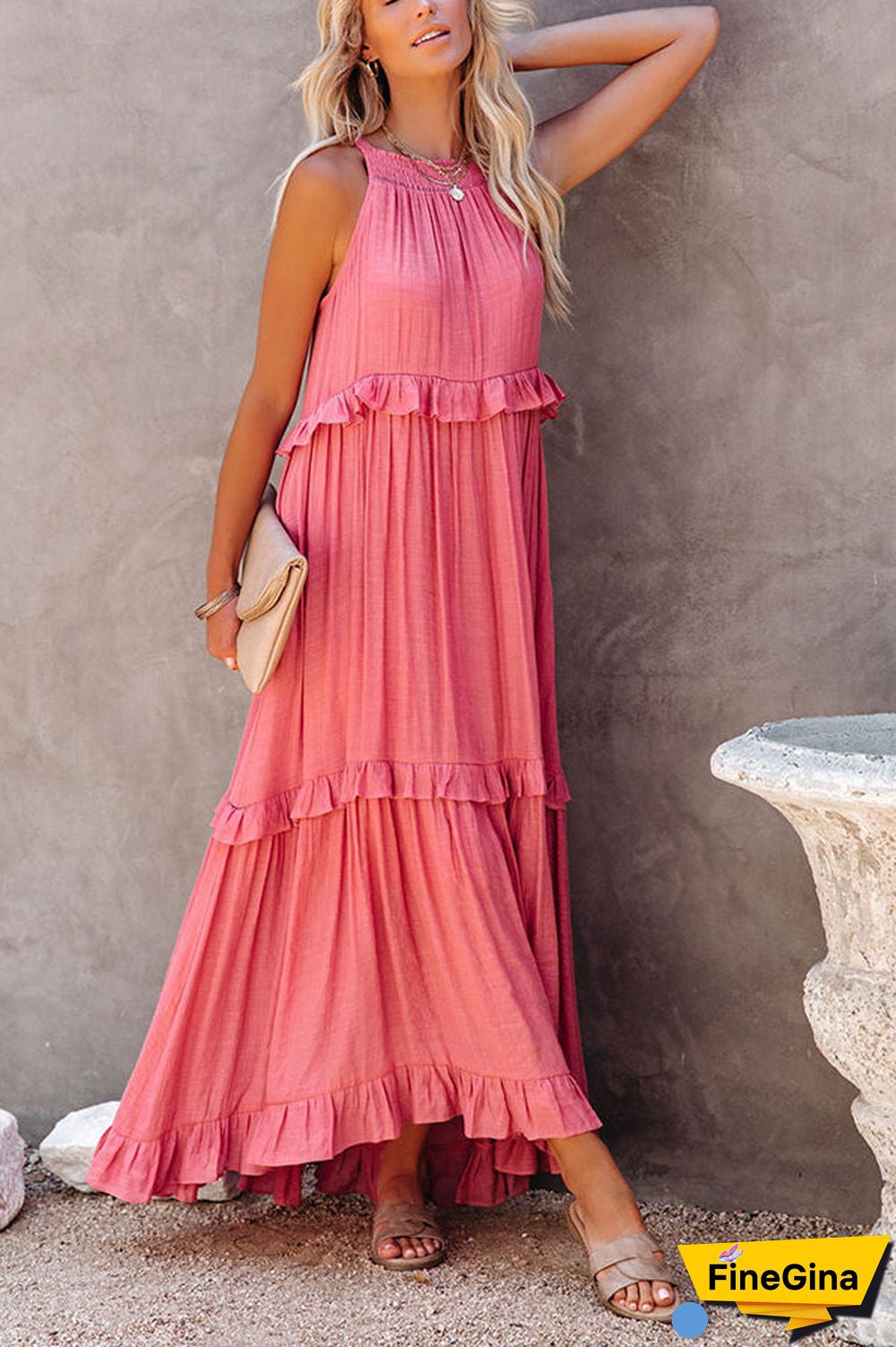 Pocketed Halter Textured Maxi Dress