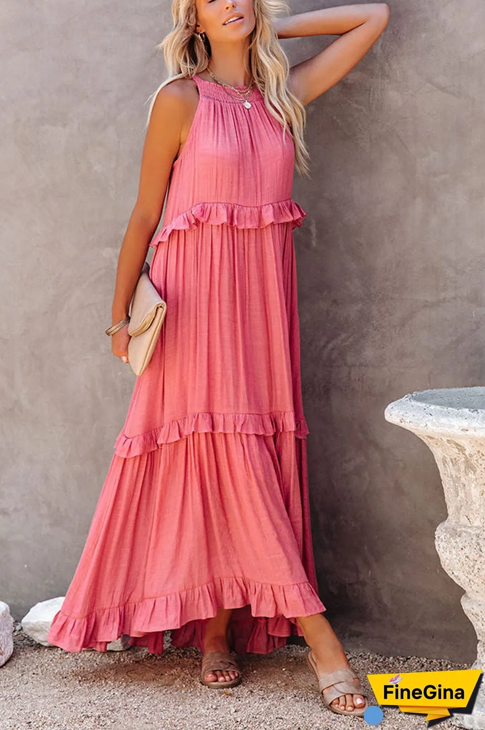Pocketed Halter Textured Maxi Dress