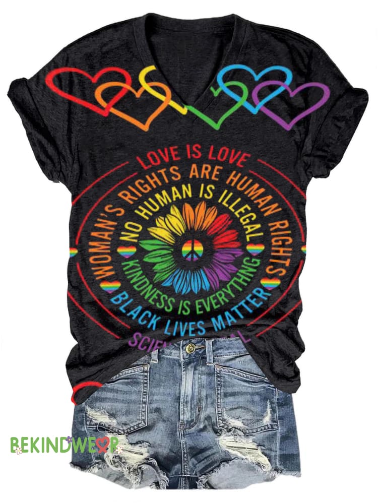 Kindness Is Everything Rainbow Print Casual V-Neck Short Sleeve T-Shirt Multicolor / S