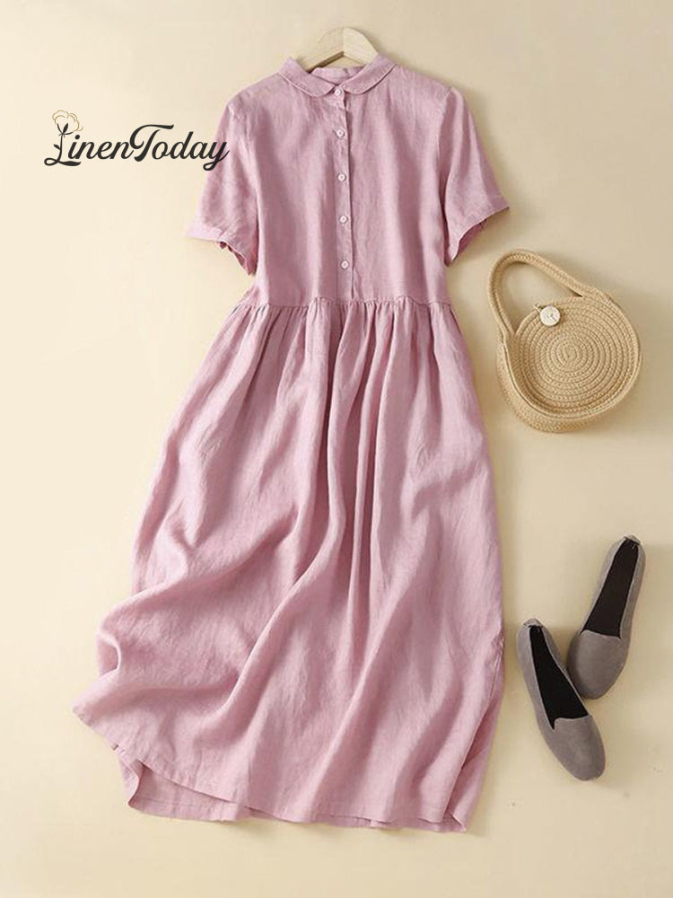 Women&rsquo;s Cotton And Linen Short Sleeve Solid Color Casual Shirt Dress Pink / S
