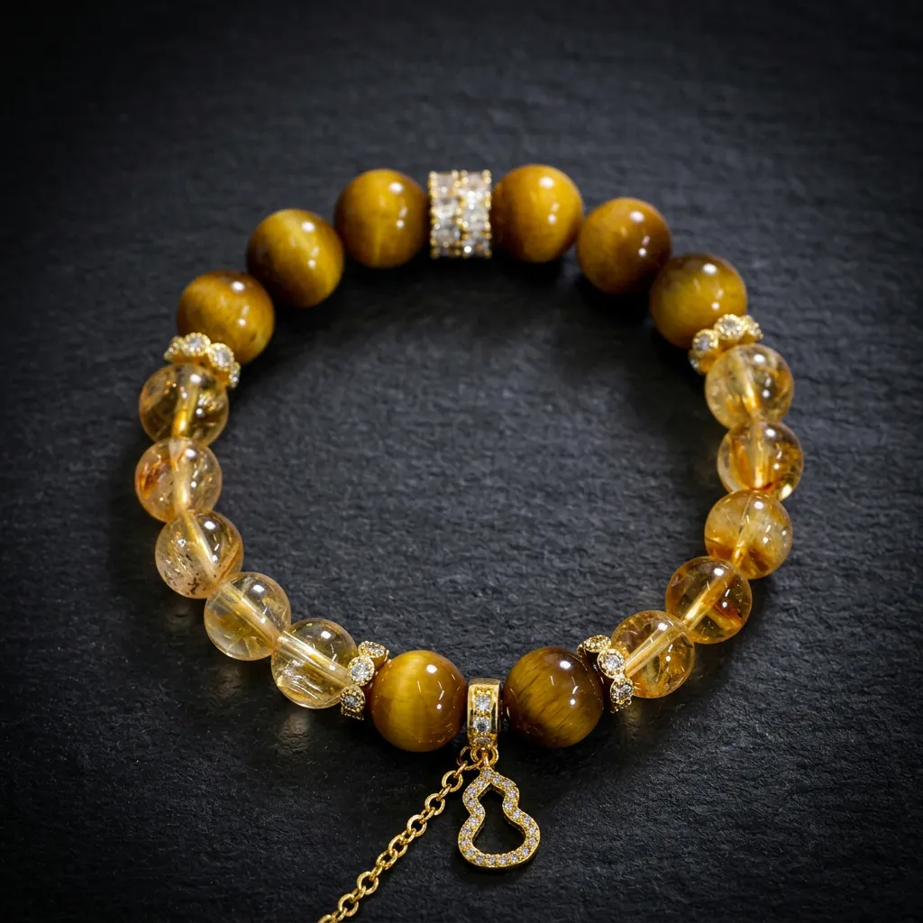 JiStones Radiant Abundance: Golden Tiger Eye & Citrine Crystal Bracelet Golden Tiger Eye & Luminous Citrine