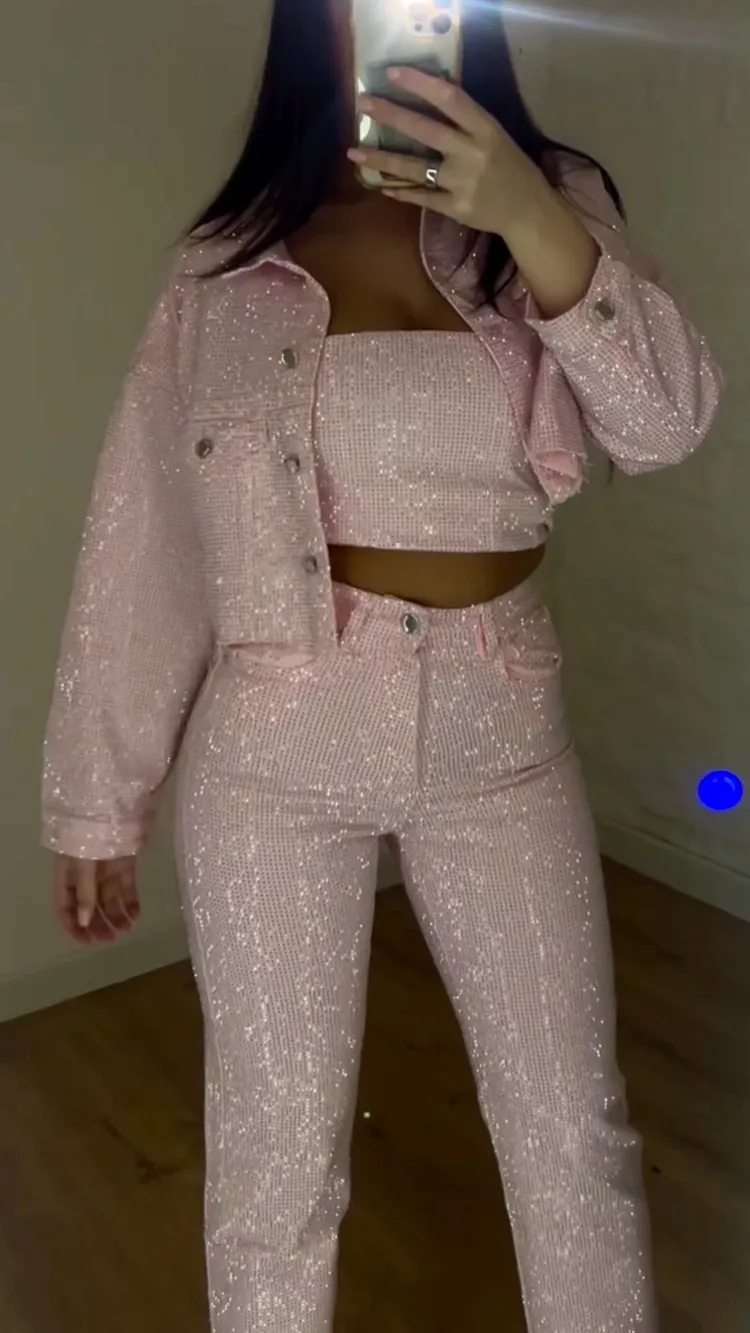 Rhinestone Embellished Denim Crop Top Shorts Three Piece Set