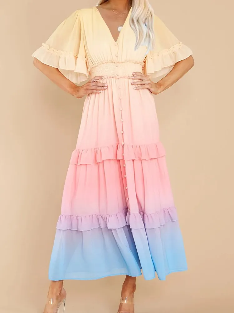 Women Sexy Button V Neck Ruffle Cake Dress Elegant Short Sleeve Gradient Party Dress Spring Summer Vacation Casual Long Dresses