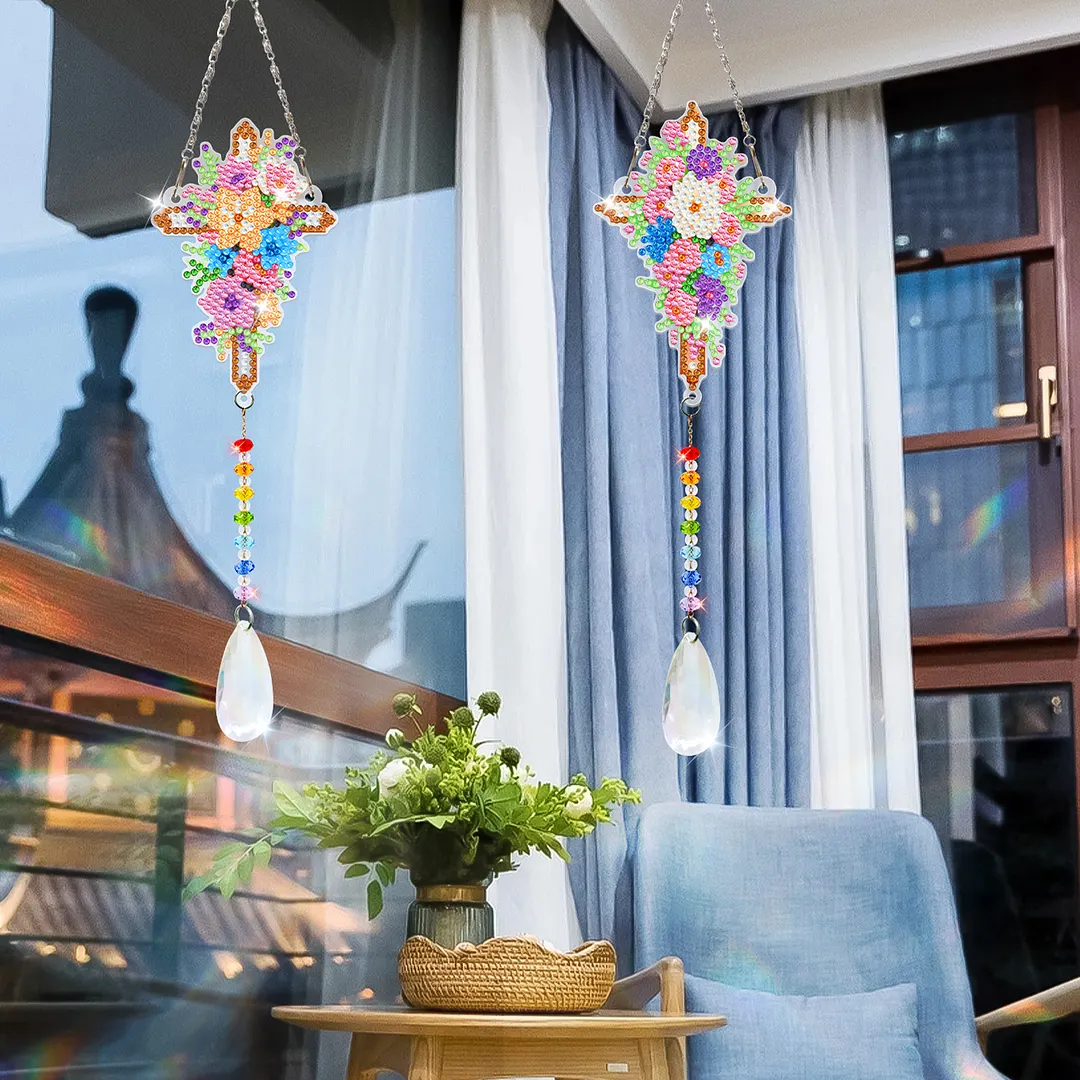 2Pcs Flower Cross DIY Acrylic Diamond Painting Art Wind Chimes with Crystal Pendant Diamond Art Hanging Pendant Double-Sided for Adults Beginners Gift Home Garden Decor