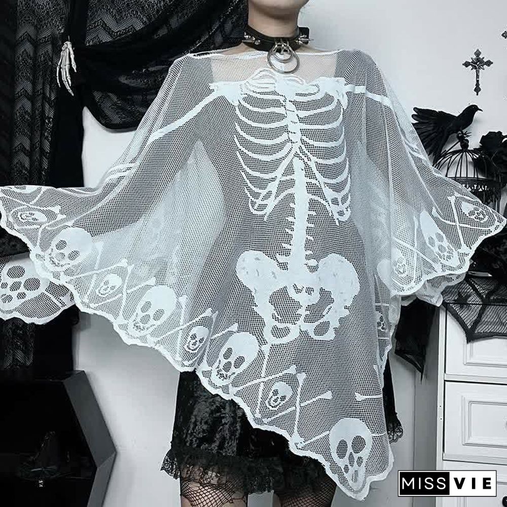Halloween Gothic Skeleton Skull Print Lace Cloak
