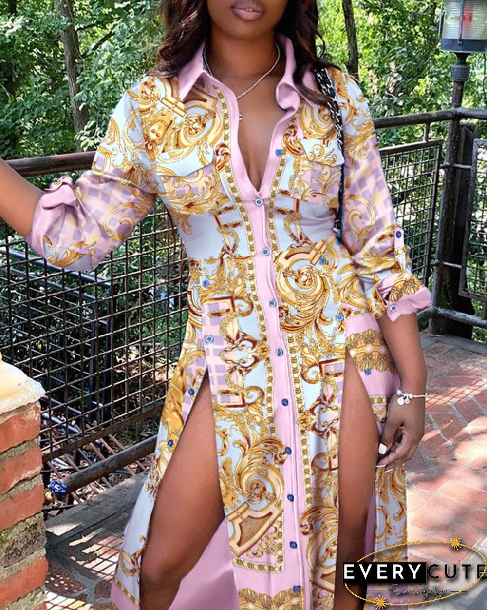 High Slit Scarf Print Buttoned Maxi Shirt Dress