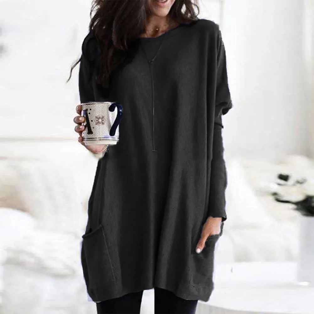 Brownm Autumn Pullover Casual Round Neck Long Sleeve Pocket T-shirt Top