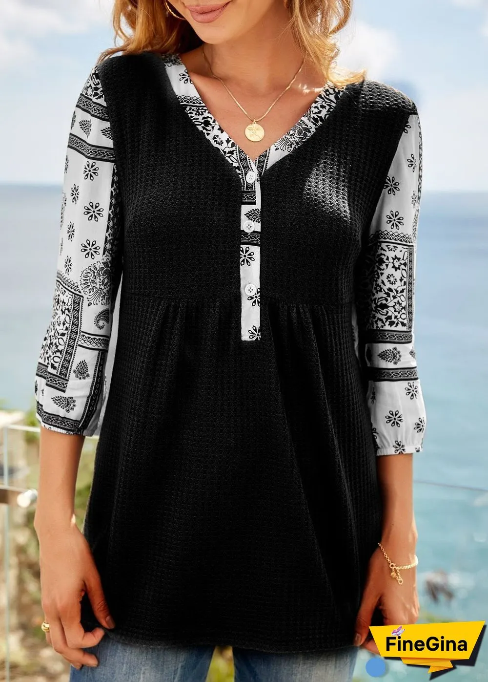 Leisure V Neck Pattern Sleeve Top