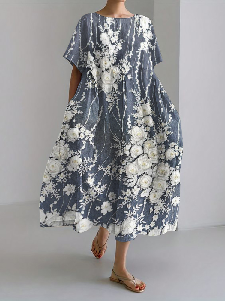 White Roses 3D Floral Lace Linen Blend Maxi Dress artswardrobe