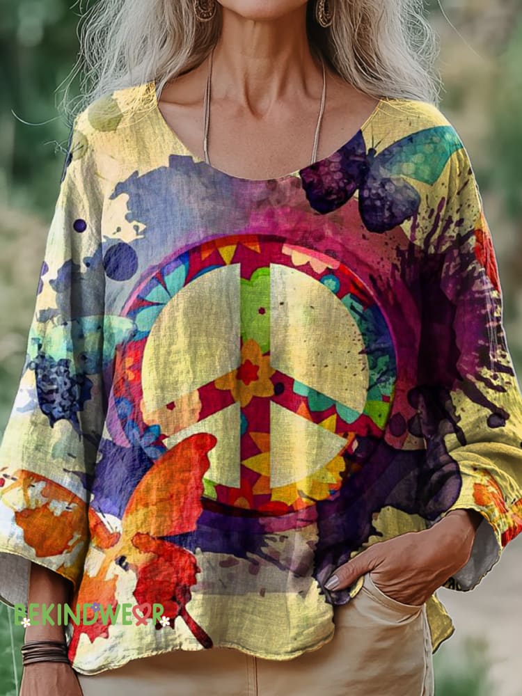 Peace Love Butterfly Gradient Printed Cotton and Linen Top Multicolor / S
