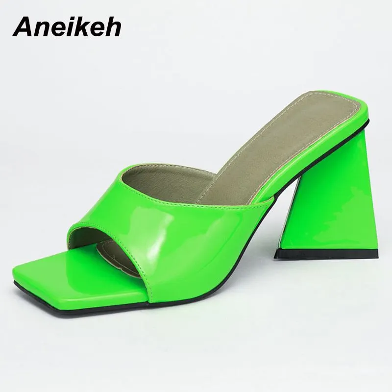 Aneikeh 2022 Summer New Fashion Concise Solid PU Shallow Mid Heel Slippers Women Lazy Slip On Beach Mules Square Open Toe 35-42