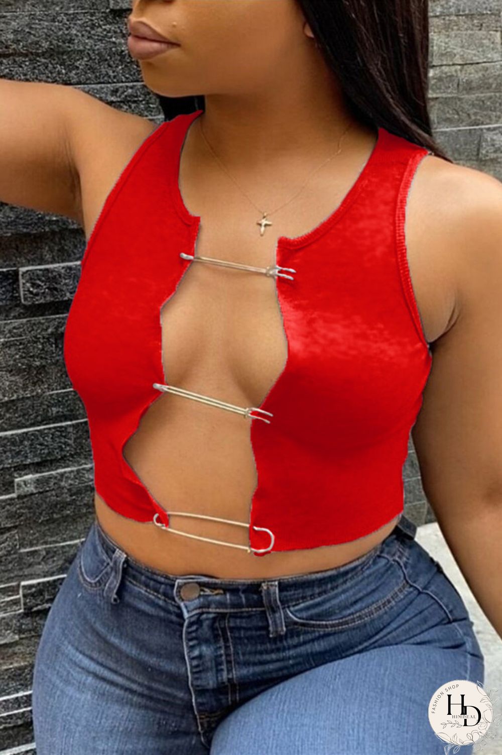 Red Fashion Sexy Spaghetti Strap Sleeveless Spaghetti Strap Short Solid Tops