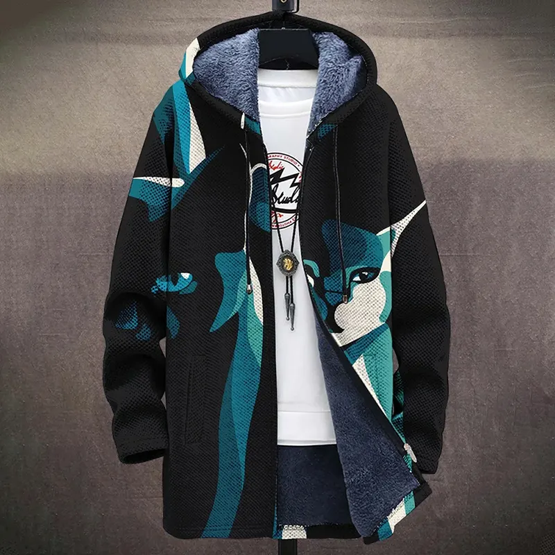 Men's Art Cat Fashion Gradient Plush Thickened Long Sleeve Sweater Jacket Cardigan