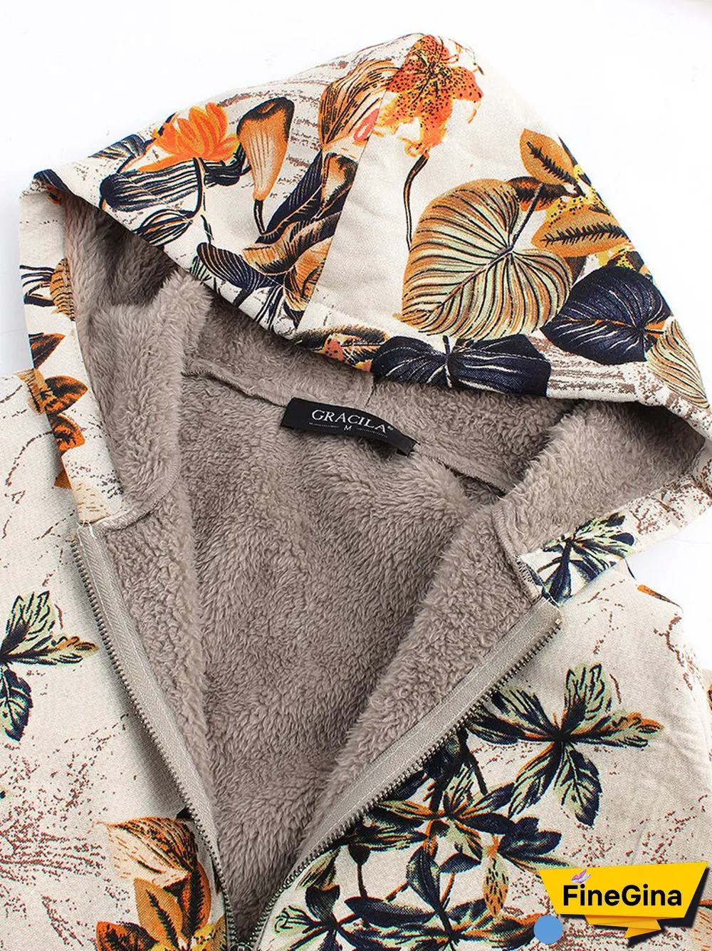Leaves Floral Print Hooded Long Sleeve Vintage Coats