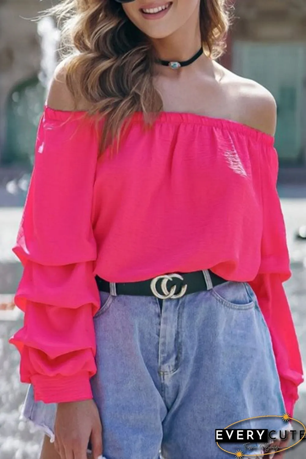 Rose Pleated Sleeve Off Shoulder Blouse