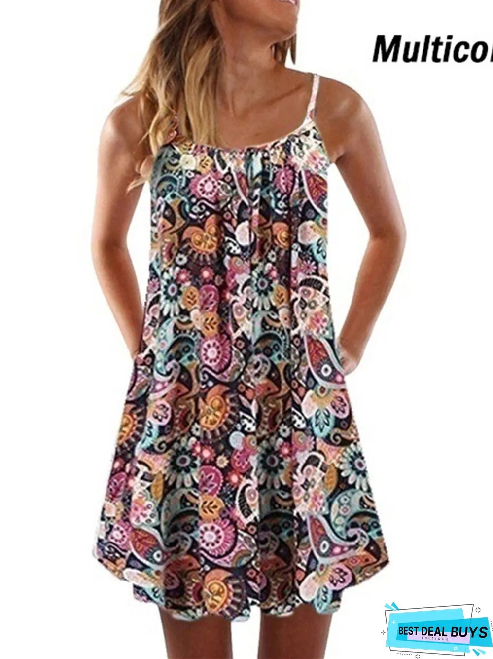 Printed Pleated Large Hem Loose Suspender Dress Black Dresses