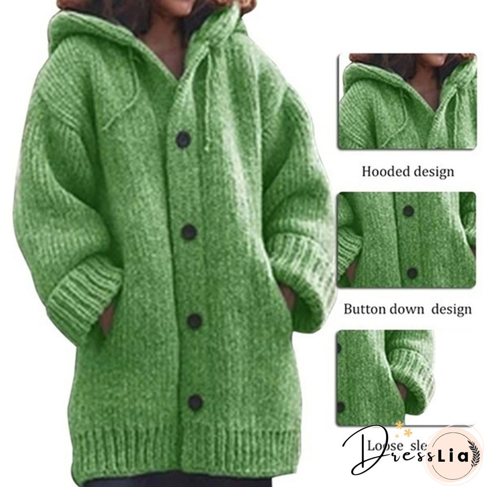 Women Fashion Mid-length Button Up Knitted Cardigan Jackets Ladies Casual Autumn and Winter Hooded Sweater Coats Strickjacke Damen