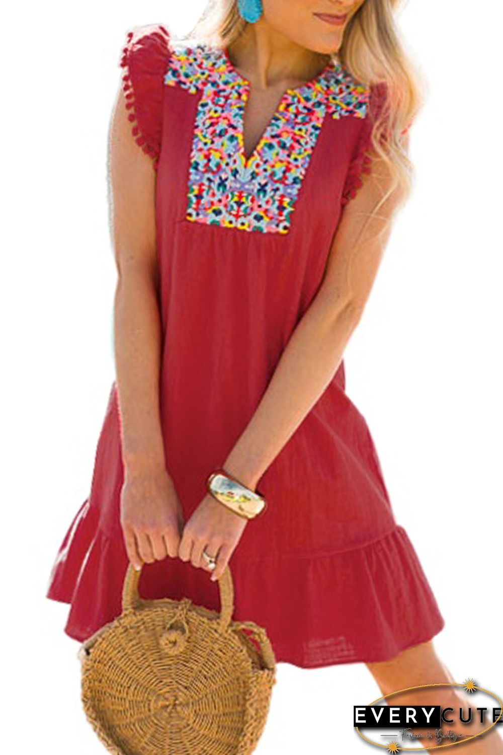 Red Boho Print Pompom Sleeve Shift Dress