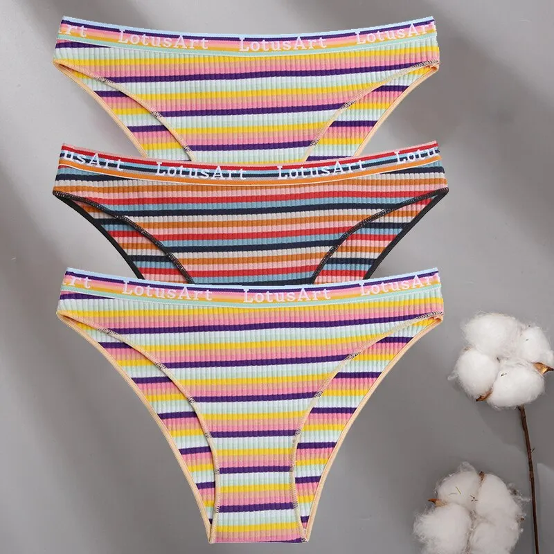 Billionm Women Cotton Colorful Stripe Panties Sexy Intimate Underwear Female Soft Solid Briefs Low Waist Underpant Soft Lingerie