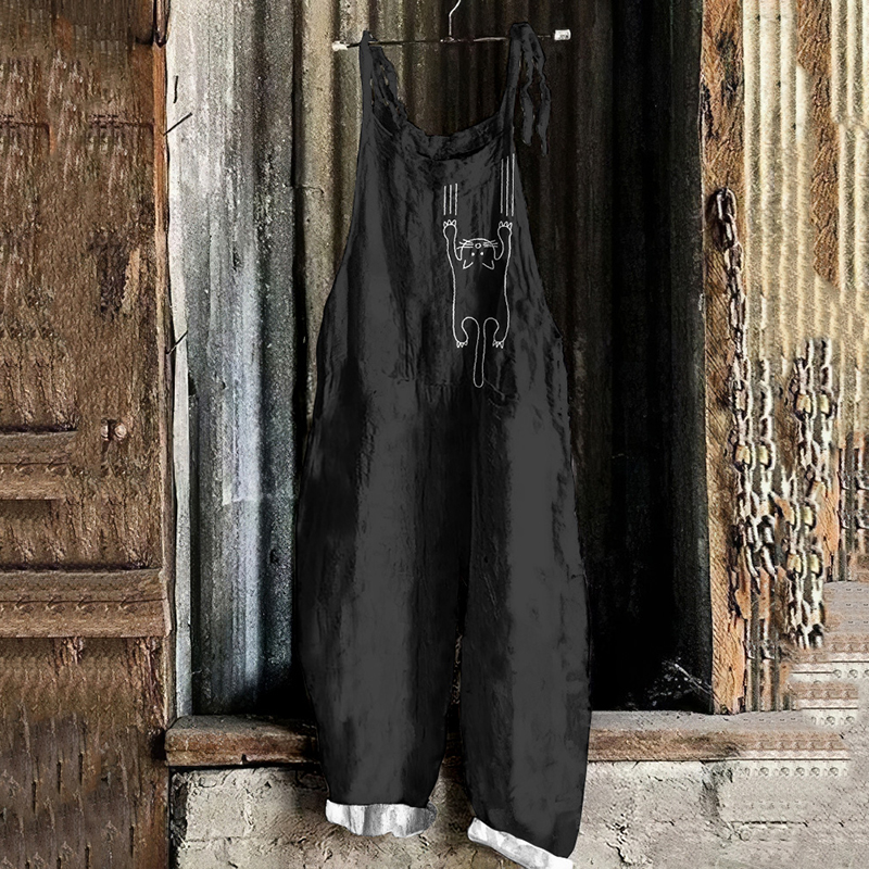 Vintage Cute Cats Art Linen Blend Loose Casual Jumpsuit