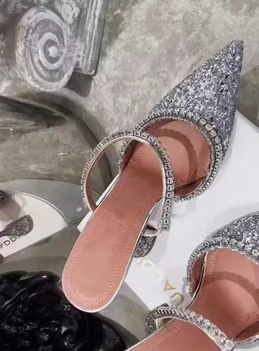 European and American Popular 2020 Summer New Dazzling Pink Crystal Sequined Spool Heels Pointed High Heels Women Slippers