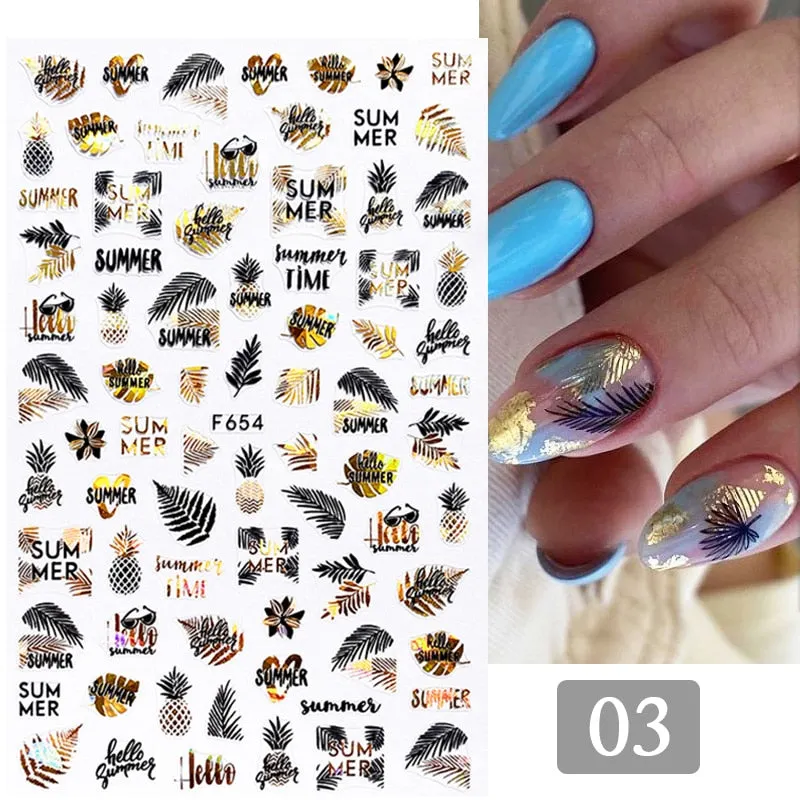 1PC Gold Black iridescent 3D Nail Sticker Tropical Plants Leaves Tree Transfer Decals For Nails Summer Nail Art Decorati